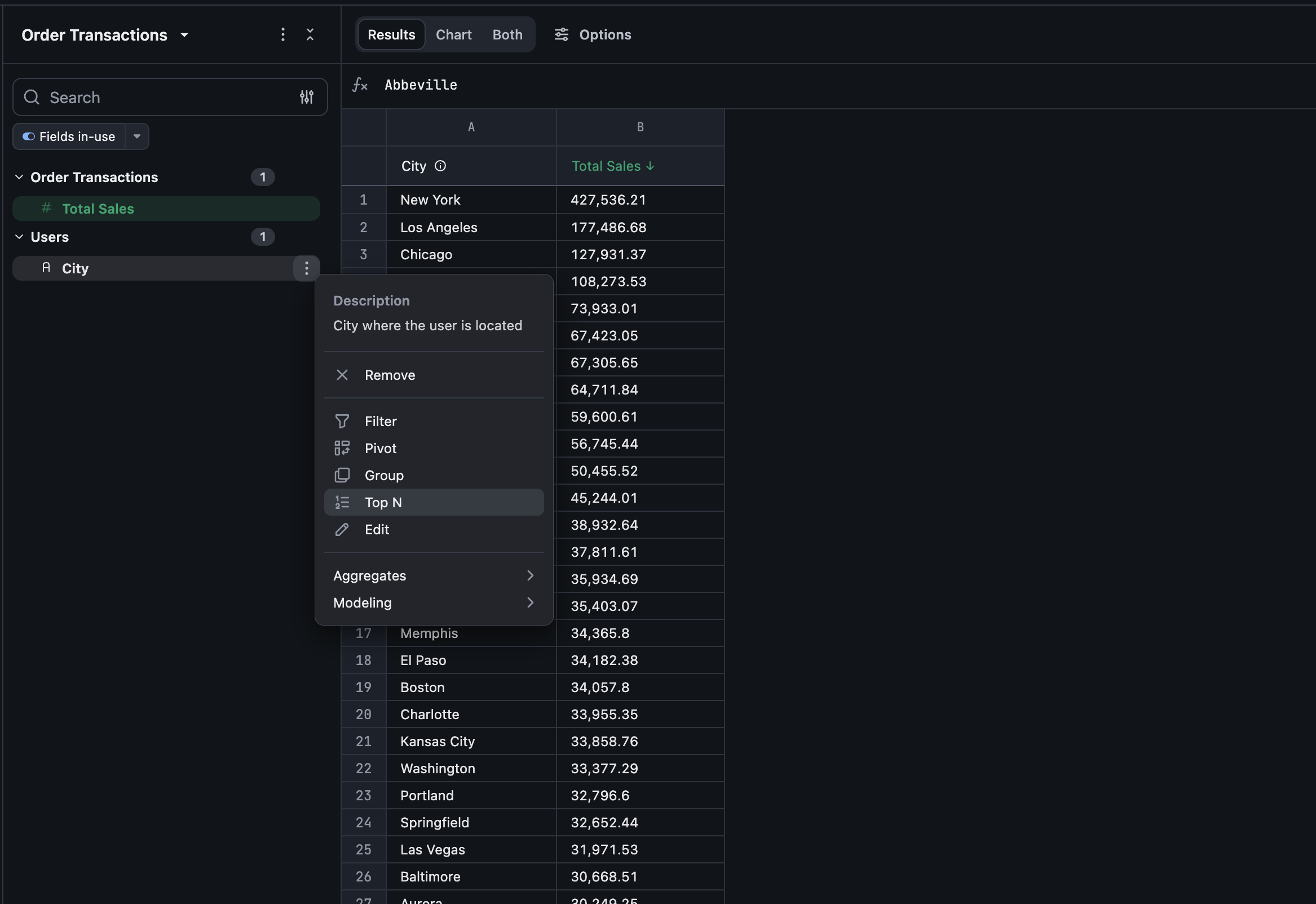 Selecting Top N from a text field's context menu in the field picker
