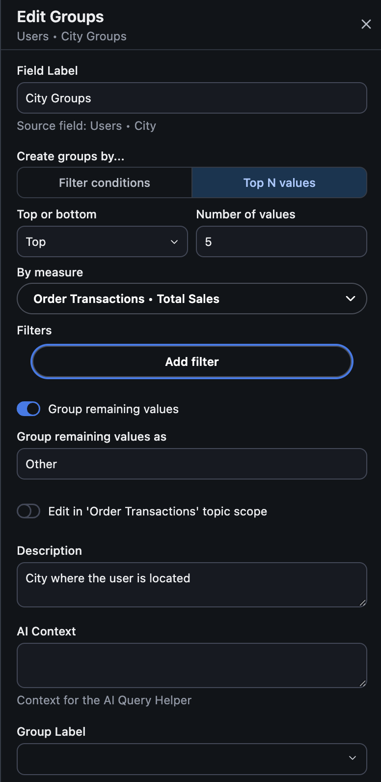 The Top N configurator, showing top/bottom, number of values, and by-measure options