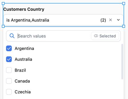 Multiple selection filter with country options