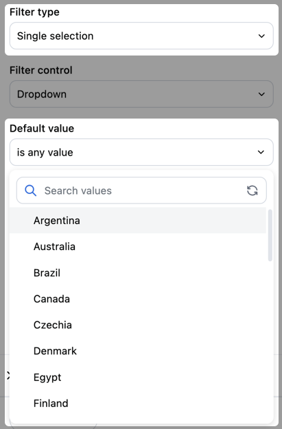 Single select filter field options