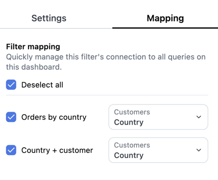 Mapping tab in the filter editor