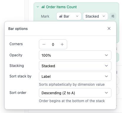 The Bar options popover with Stacking, Sort stack by, and Sort order settings