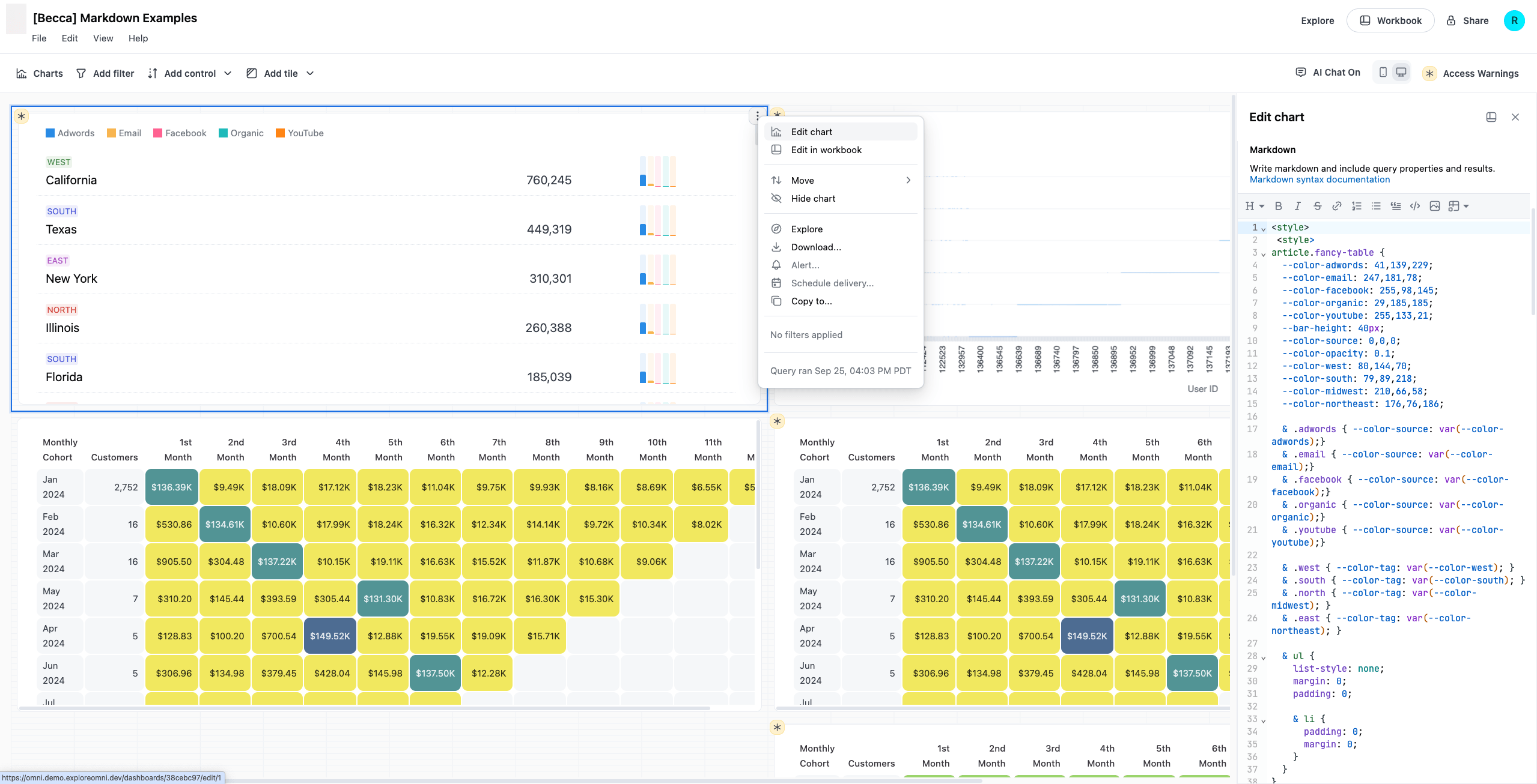 Editing a Markdown tile from a draft dashboard using the Edit in chart option